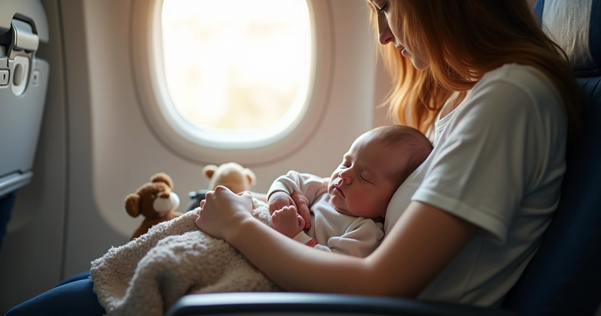 Bebê dormindo em colo no avião com cobertor e luz suave 