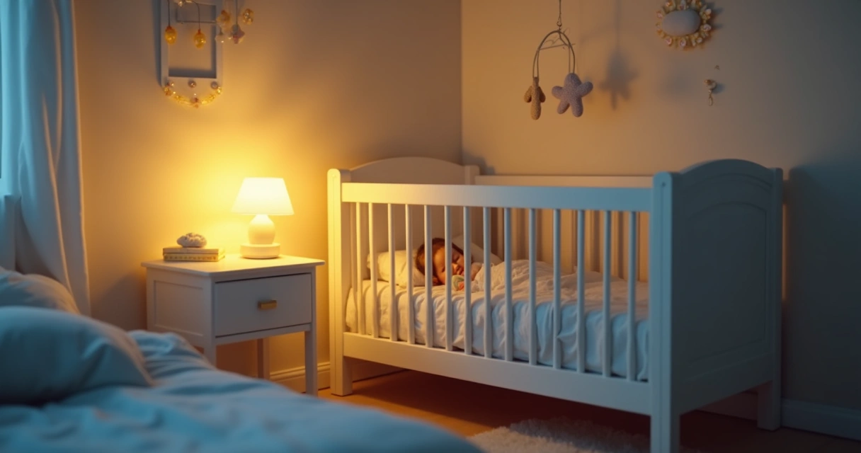 Bebê dormindo em berço com luz suave 