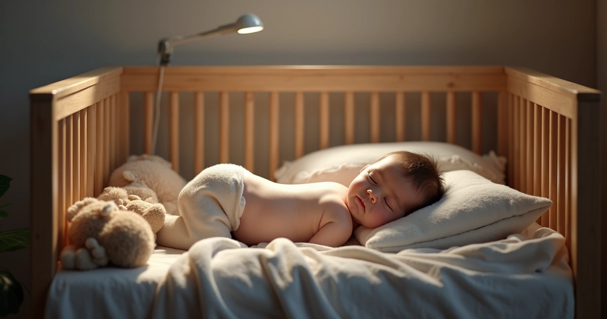 Bebê dormindo tranquilamente em berço com luz baixa