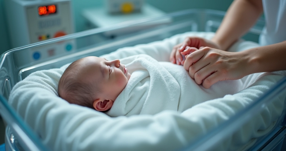 Recém-nascido em berço hospitalar após parto. 