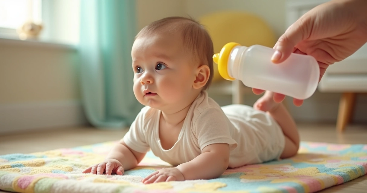 Bebê deitado com brinquedos ao redor recusando a mamadeira 