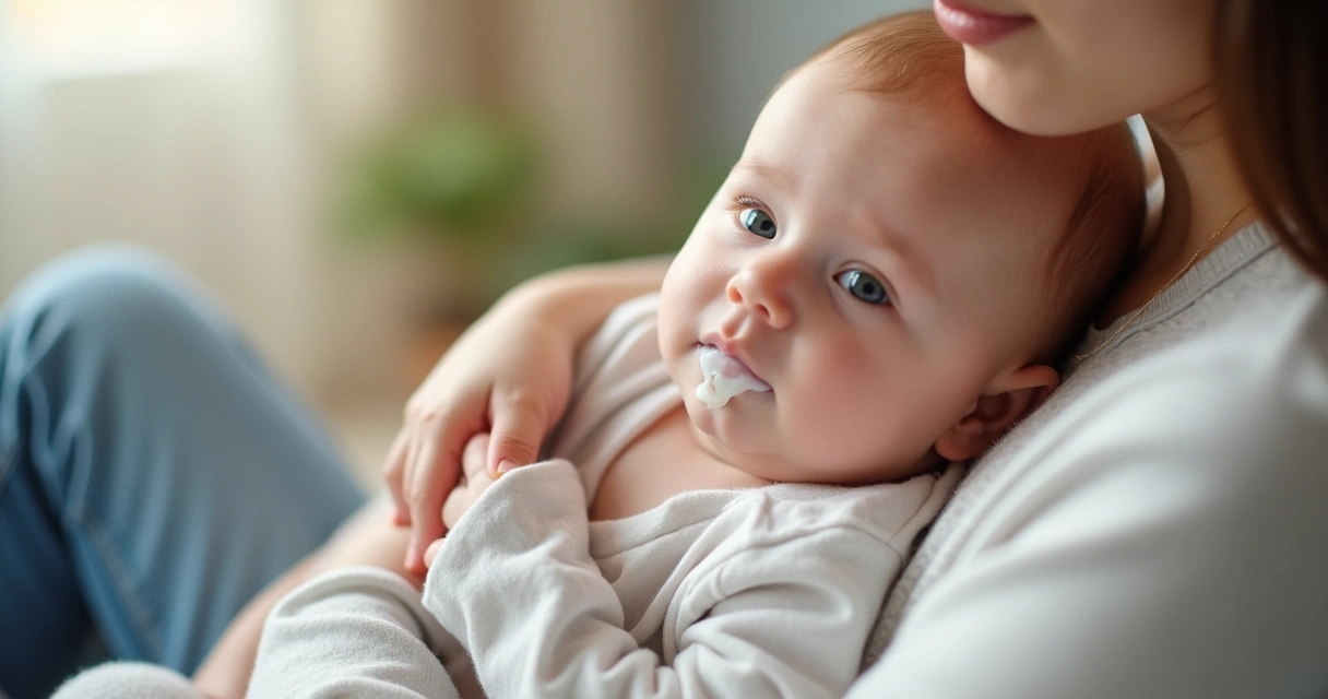 Bebê regurgitando leite no colo dos pais 