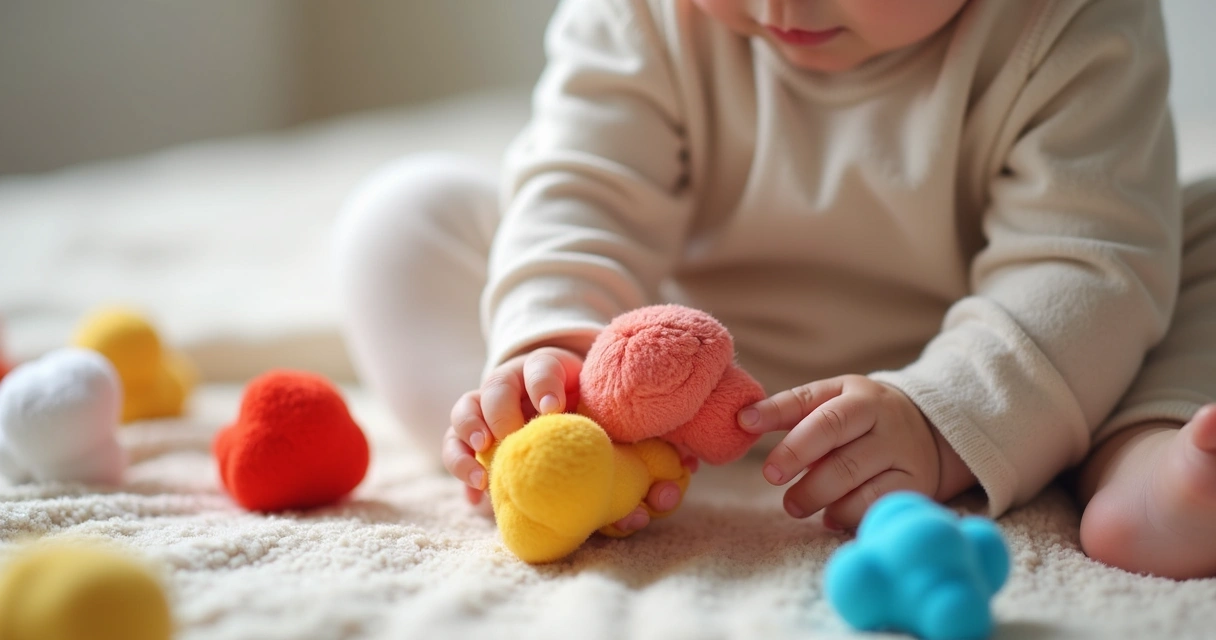 Bebê brincando com chocalho de texturas e cores 