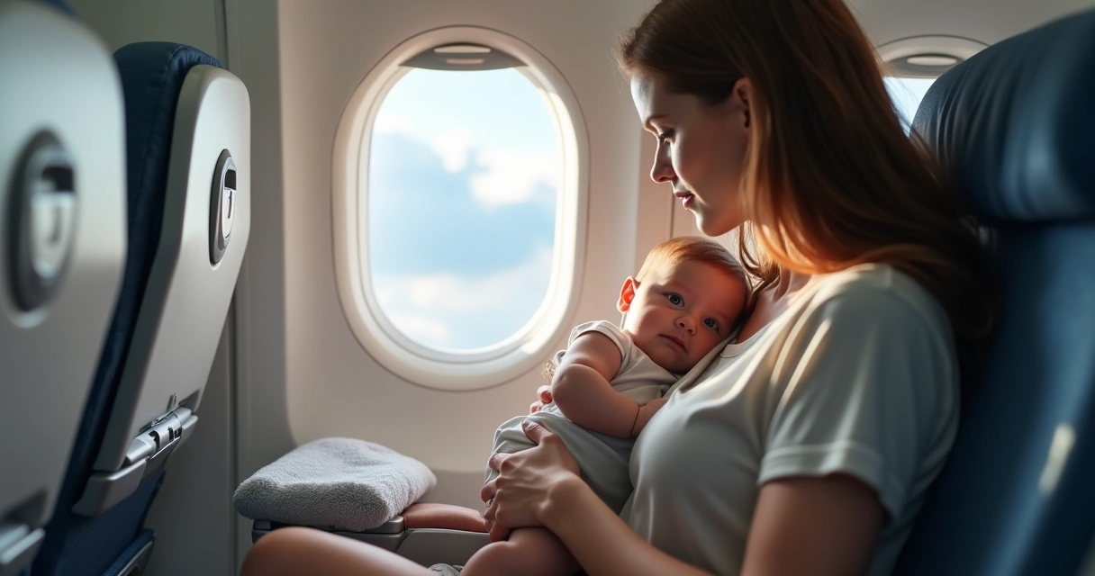 Mãe com bebê no colo em avião 