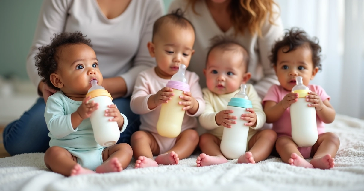 Bebês e mamadeiras de diferentes marcas e modelos juntos na cena 
