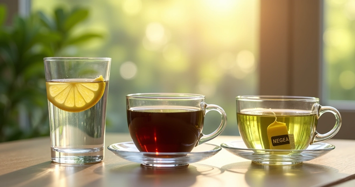 Vasos con agua, café y té en una mesa de madera