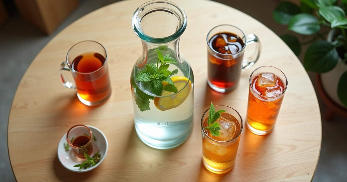 Mesa com bebidas variadas ilustrando escolhas saudáveis para a circulação 
