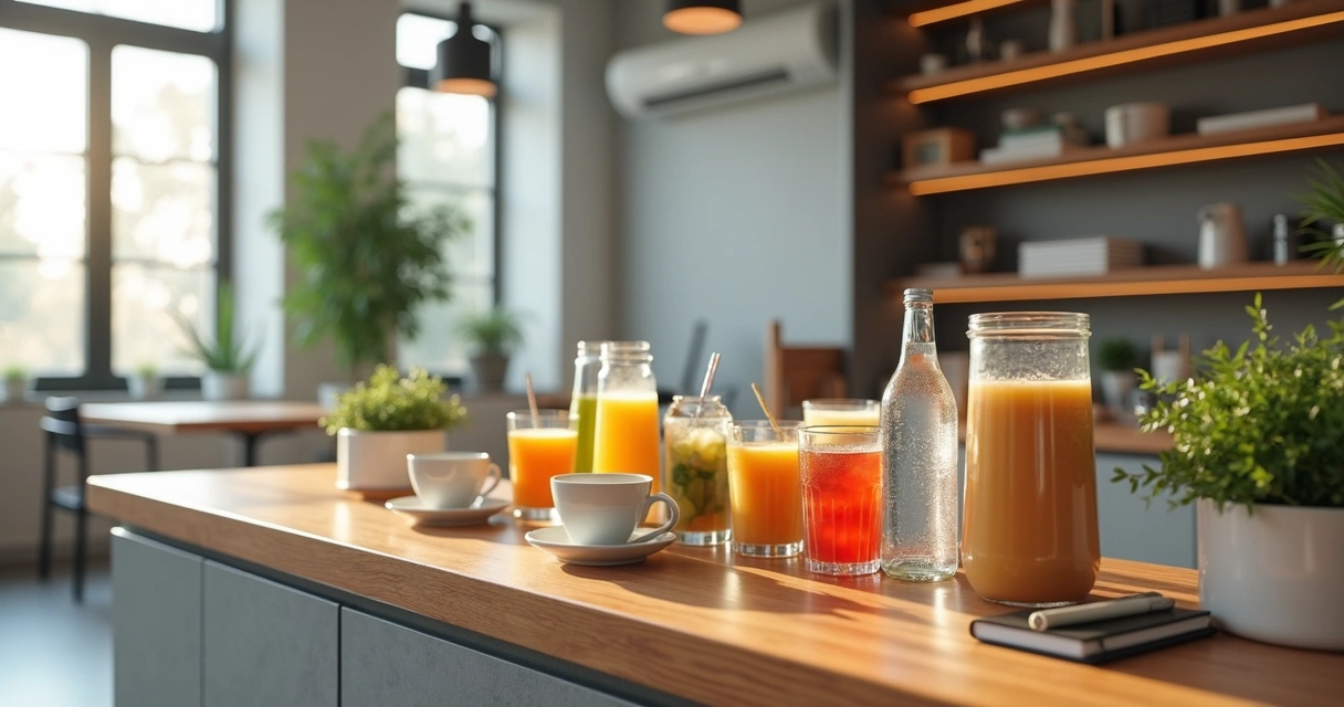 Bebidas variadas em mesa de escritório durante pausa 