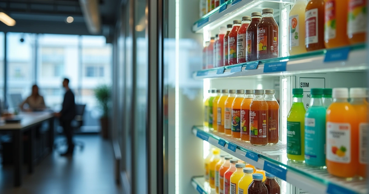 Geladeira de escritório com bebidas funcionais variadas 