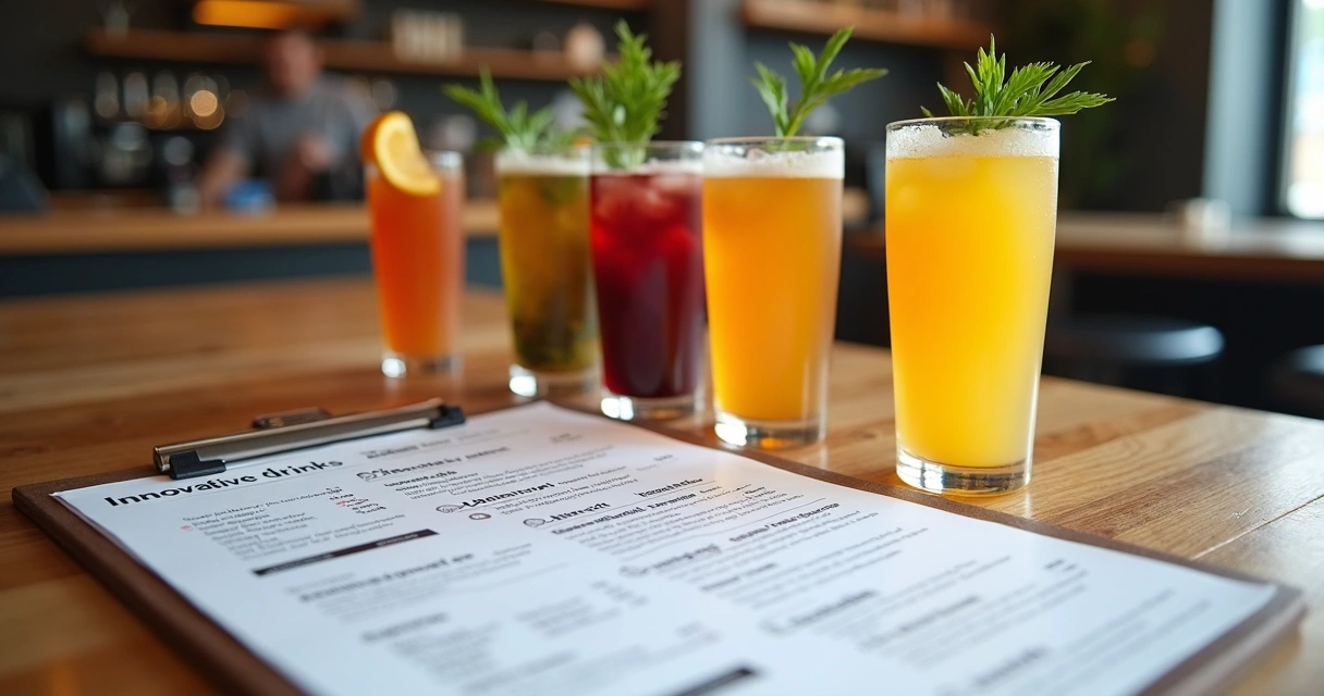 Cardápio de restaurante com diversas bebidas inovadoras e opções orgânicas 