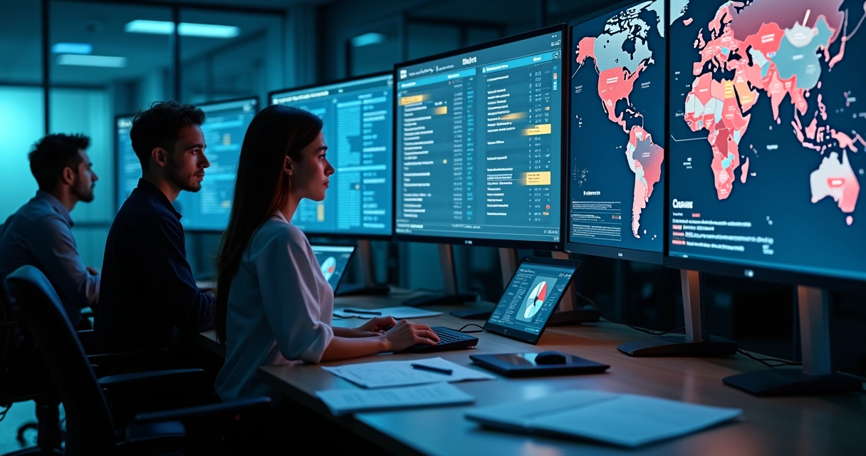 Security team analyzing suspicious emails on large threat dashboard 