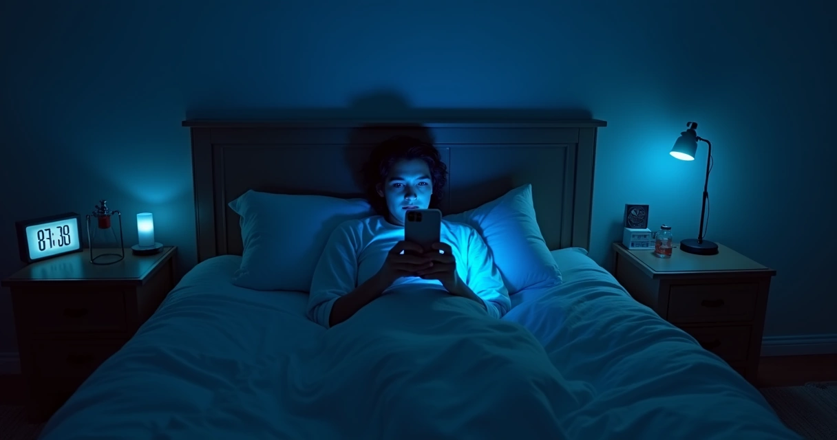 Person lying in bed at night holding a glowing smartphone screen close to face 