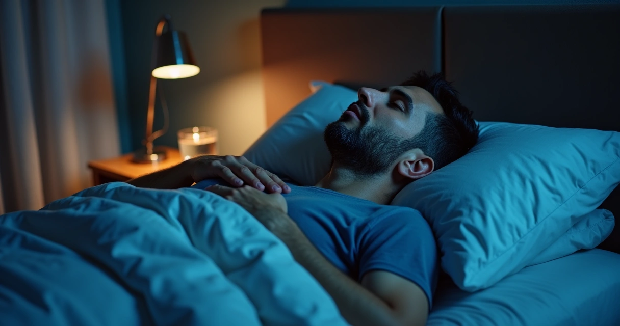 Man lying in bed with mouth open and hand on chest 