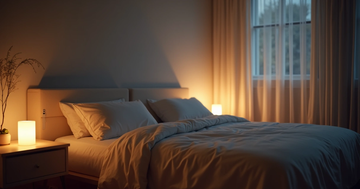 Cozy bedroom with soft lighting and a neatly made bed