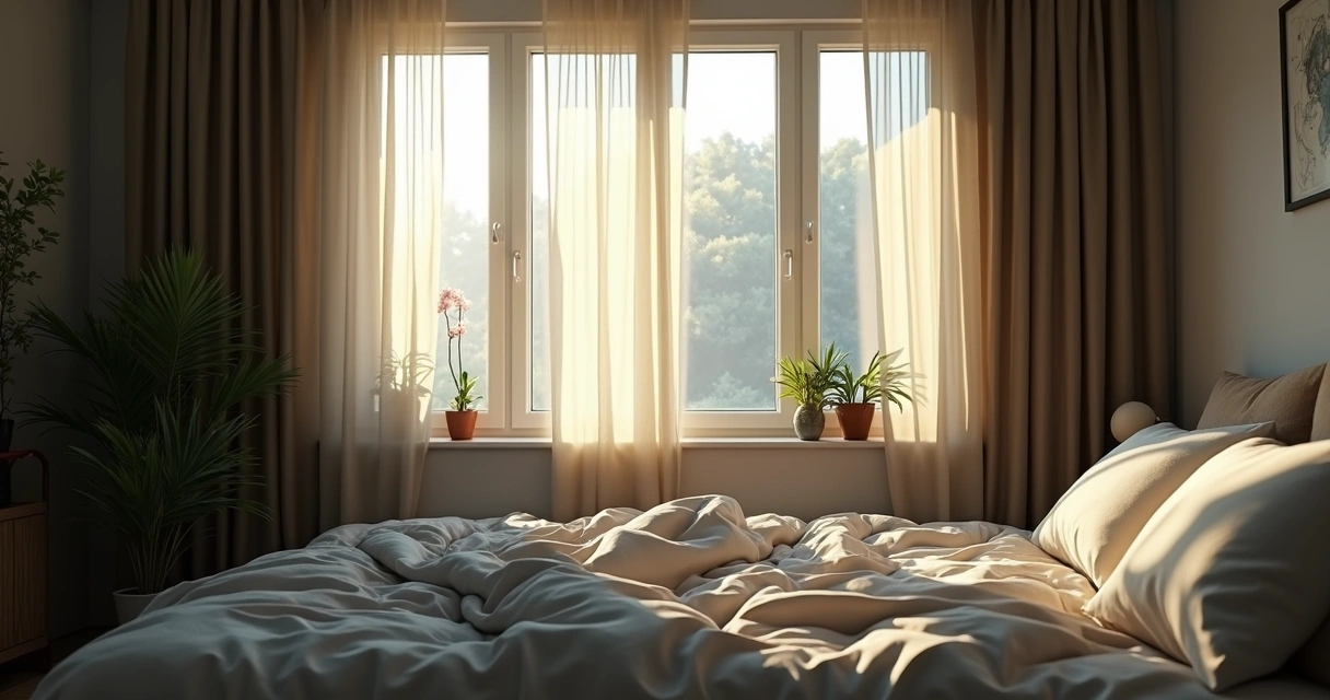 Bedroom with closed windows and signs of dampness