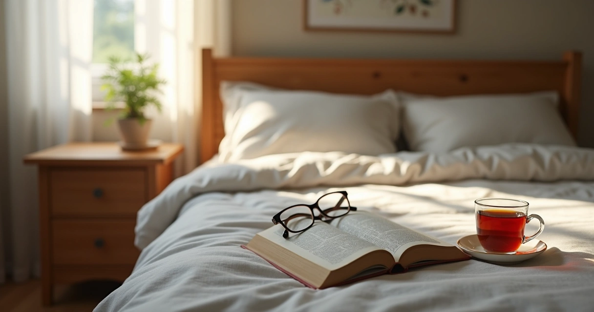 Book and cup on bedside table next to bed 