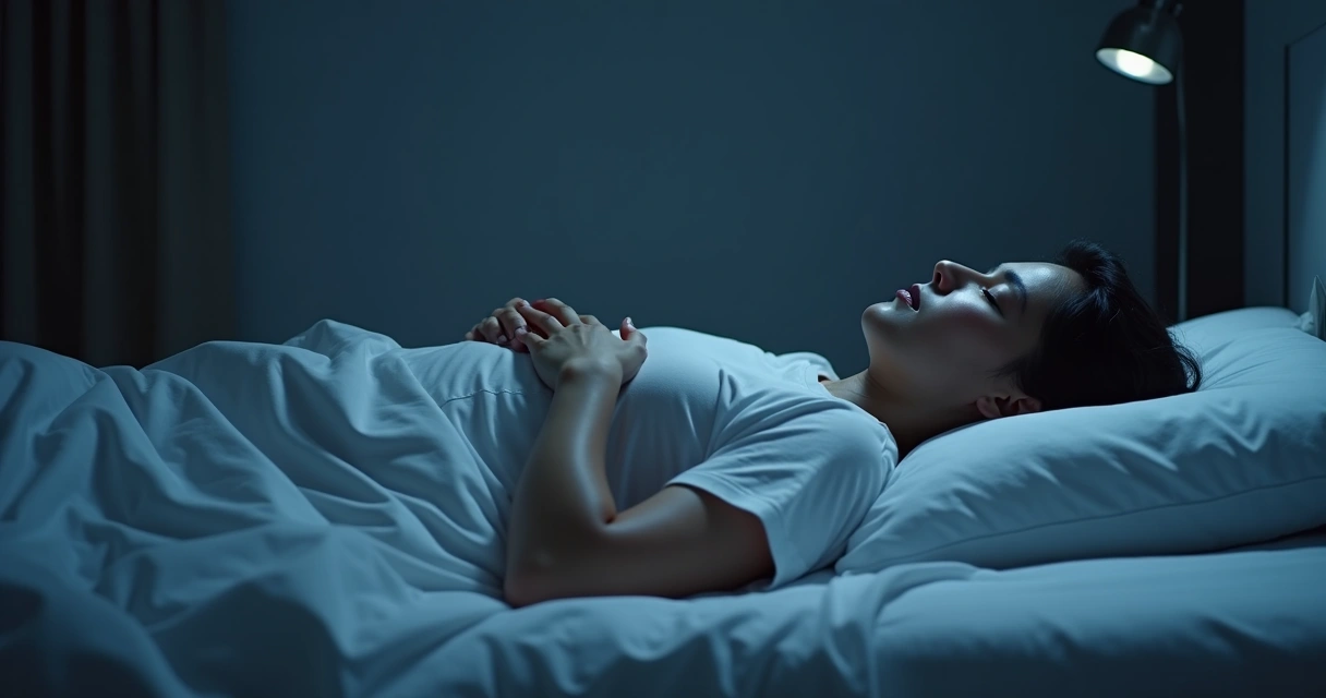 Person lying awake with hand on chest in dim bedroom