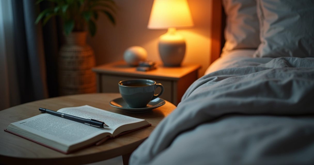 Notebook, tea, and soft lamp beside a bed during a calm bedtime routine