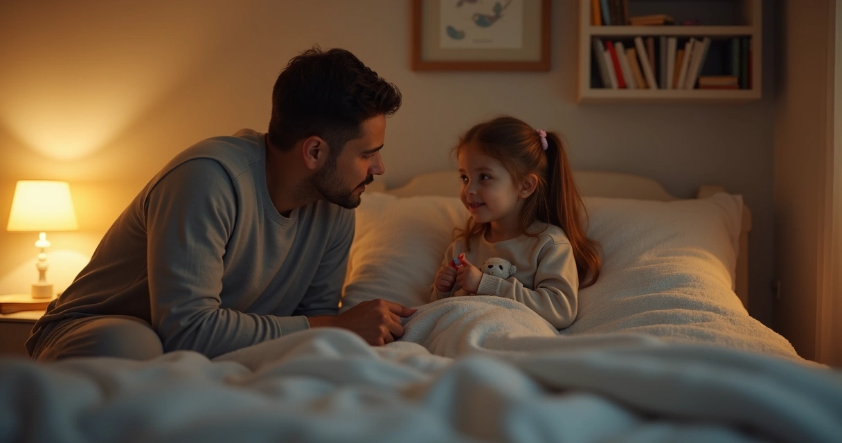 Parent and child talking quietly at bedtime 