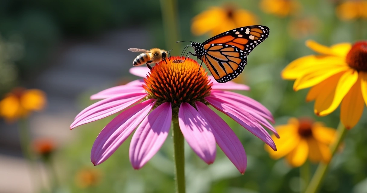 Bee and butterfly on purple coneflower in summer garden 