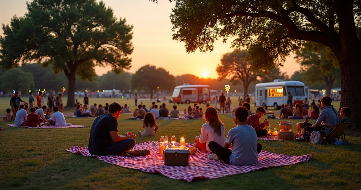 Families picnicking in Bee Cave Central Park at sunset. 