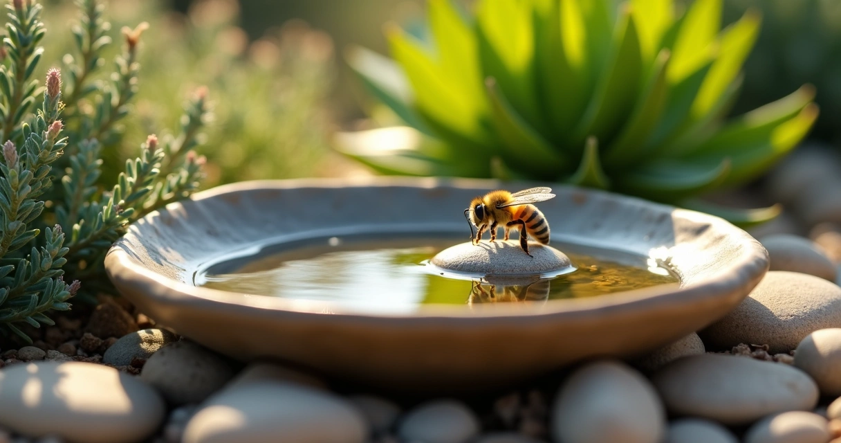 Bee drinking from garden water station with pebbles 