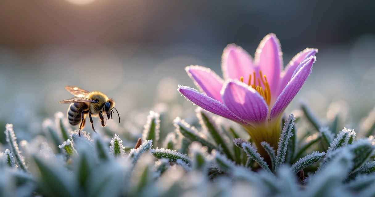 Bee foraging on a pink winter flower amid frosty grass