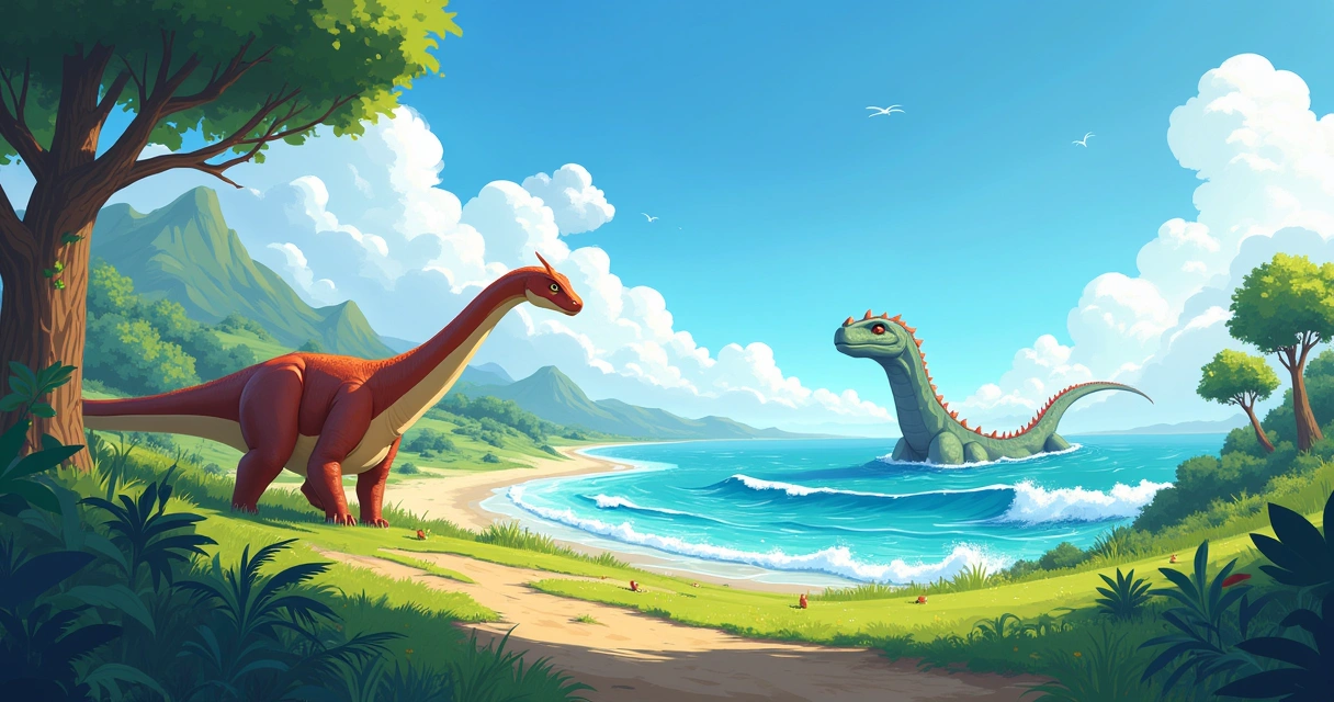Beemote e Leviatã representados em uma paisagem viva com vegetação, mostrando a grandeza de criaturas pré-históricas e marinhas.