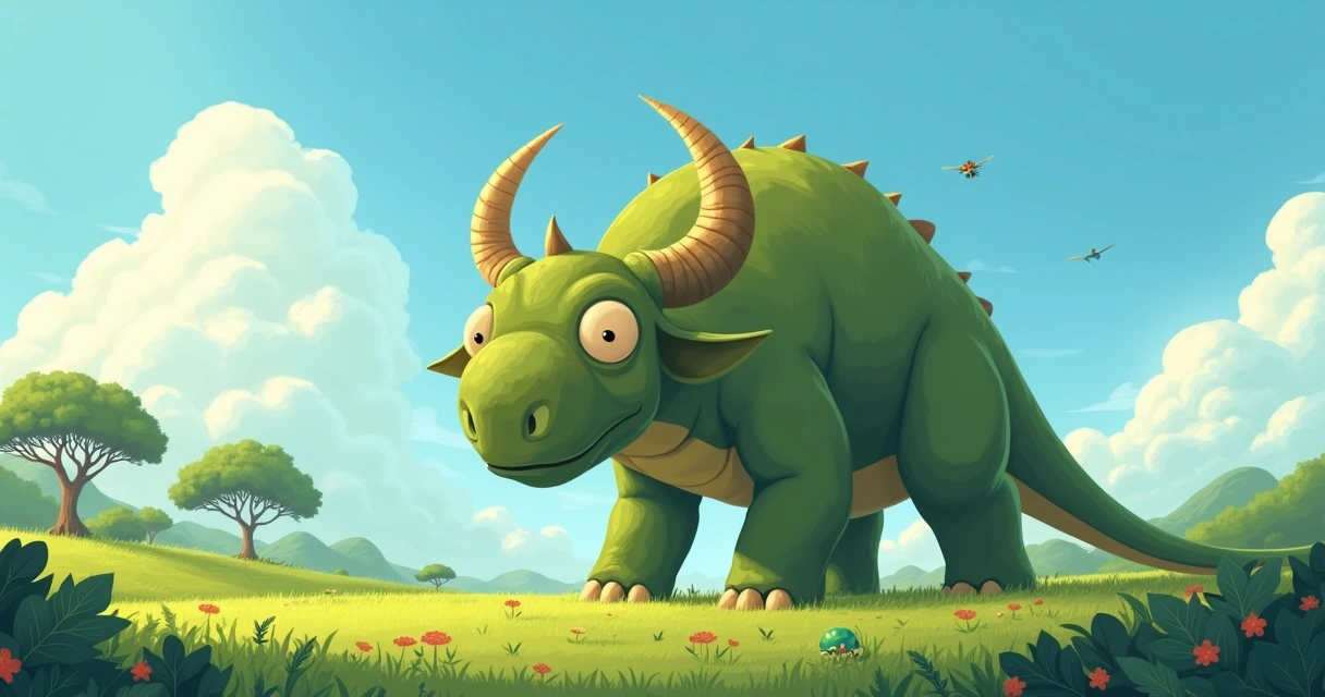 Beemote, um gigante herbívoro pastando em um campo verde sob um céu azul com nuvens brancas.