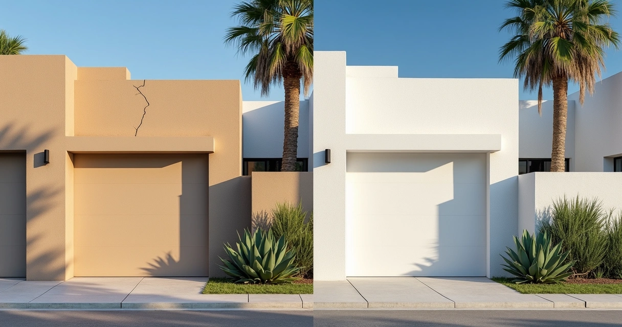 Before and after showing home wall with and without high-build coating 