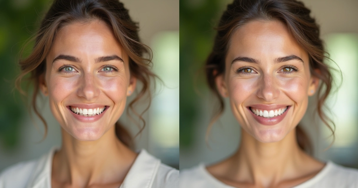 Antes e depois de paciente de implante sorrindo em ambiente natural 