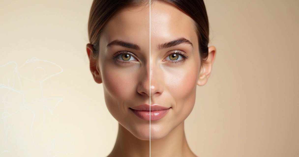 Comparação sutil de rosto feminino antes e depois da harmonização facial com resultado natural 