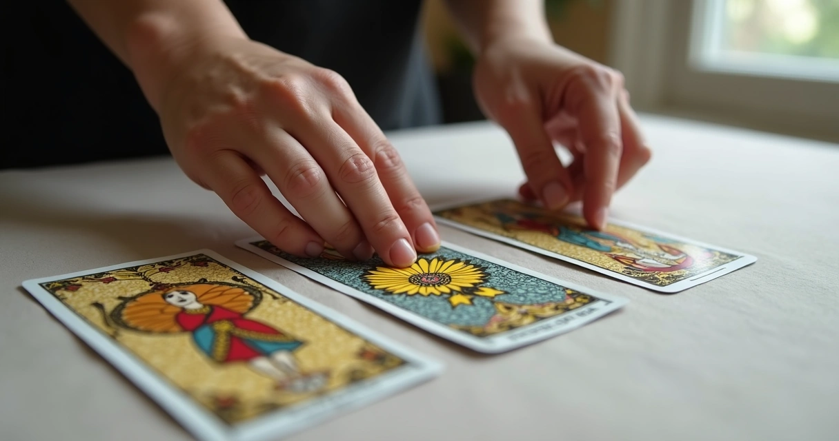 Hands arranging tarot cards in a simple spread 