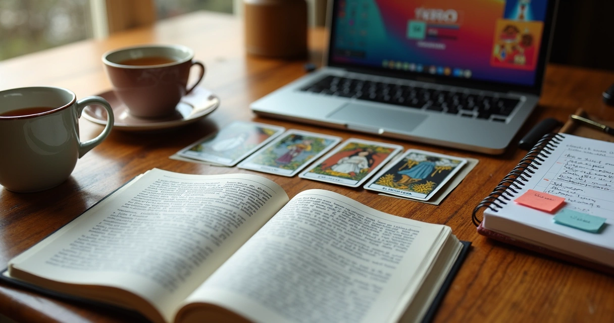 Wood desk with open tarot book, tarot deck, notebook, and a laptop. 