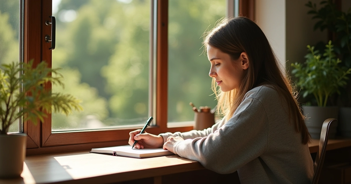 Person pausing in a sunlit room, writing reflection notes in a journal.