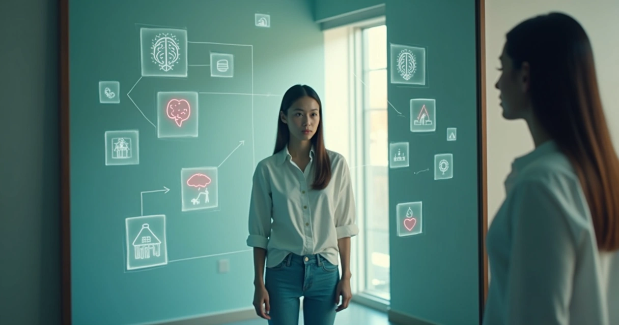 A person reflected in a mirror with layered icons representing thoughts, emotions, and environment 