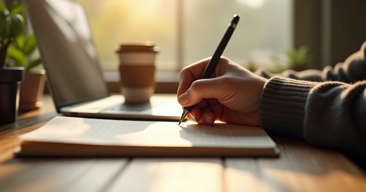 Hand writing in a journal with commitment and reflection