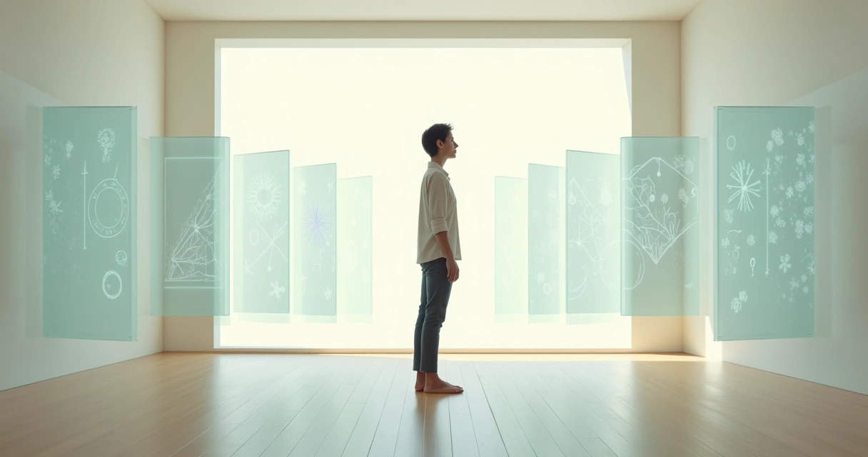 Person in a minimal room surrounded by seven transparent frames of questions 