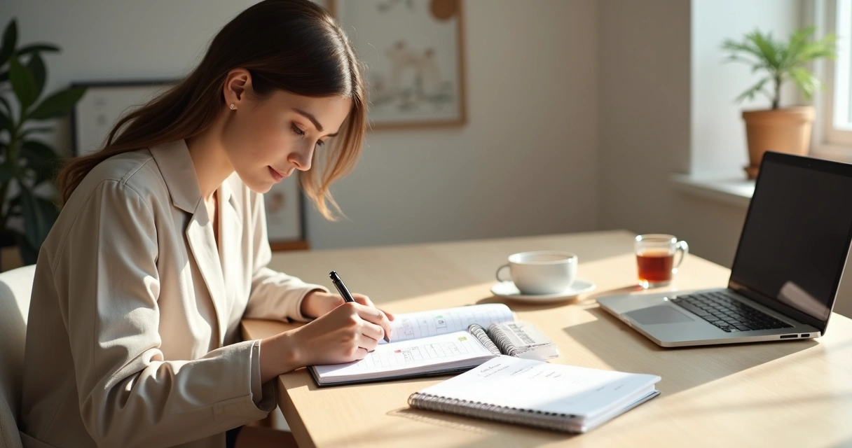 Person planning consistent daily habits at a tidy desk with a focus on alignment and routine 