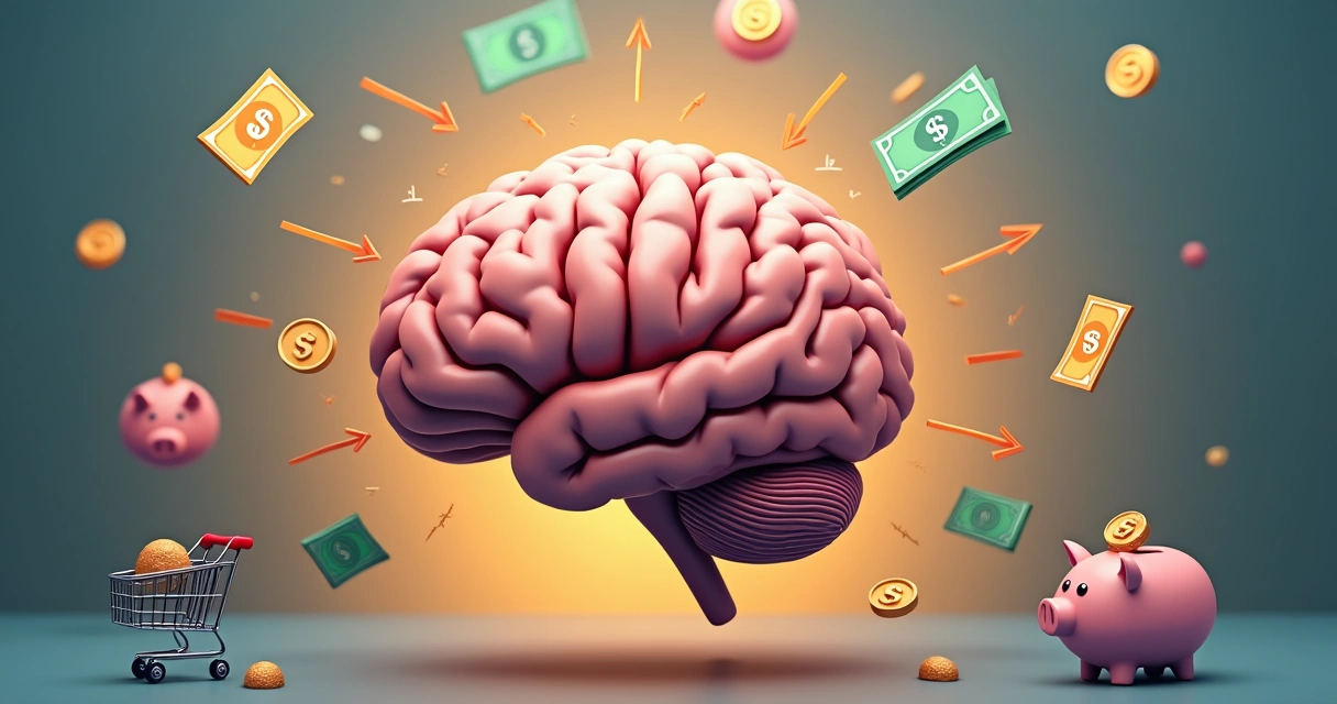 Brain surrounded by money and arrows illustrating financial decision processes
