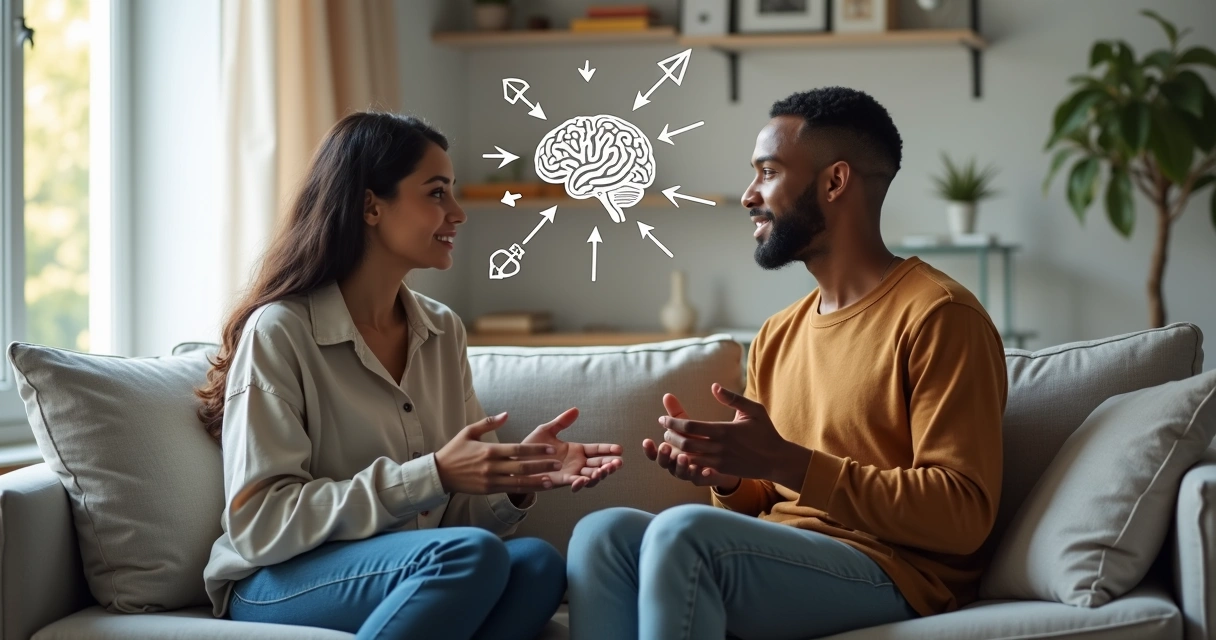 Couple sitting on a sofa talking calmly with abstract diagrams around them 