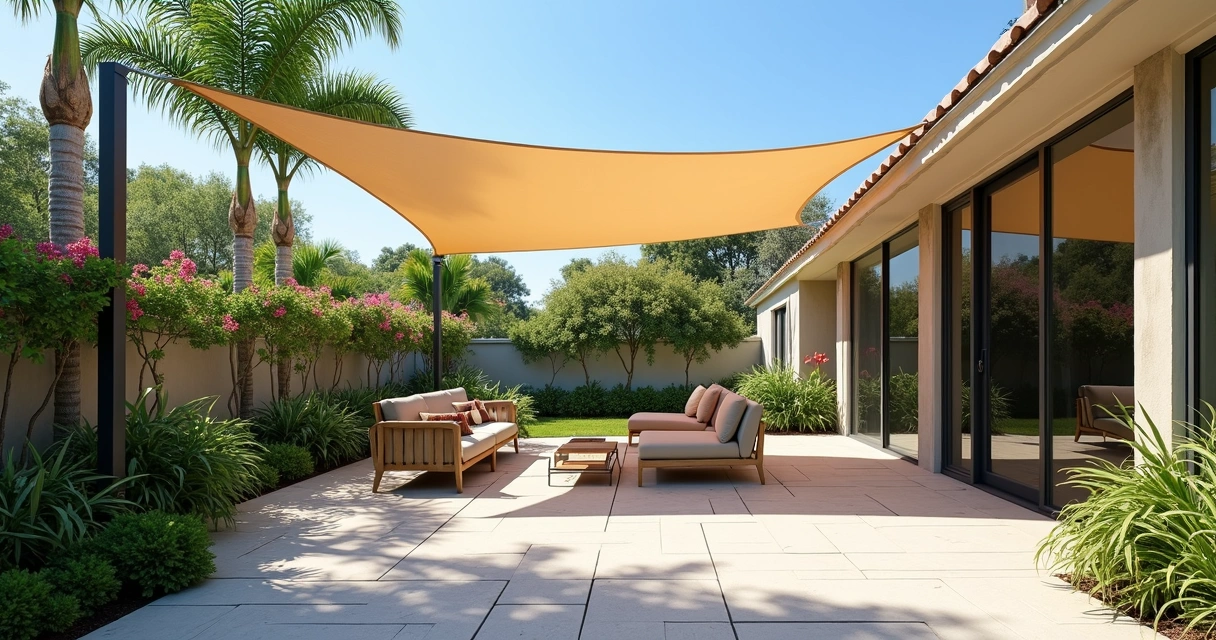 Triangle shade sail above backyard patio in Central Florida 