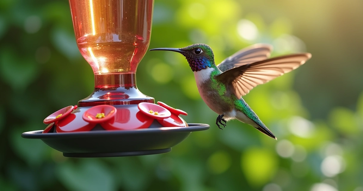 Beija-flor pairando perto de alimentador em formato de flor colorida com câmera visível 