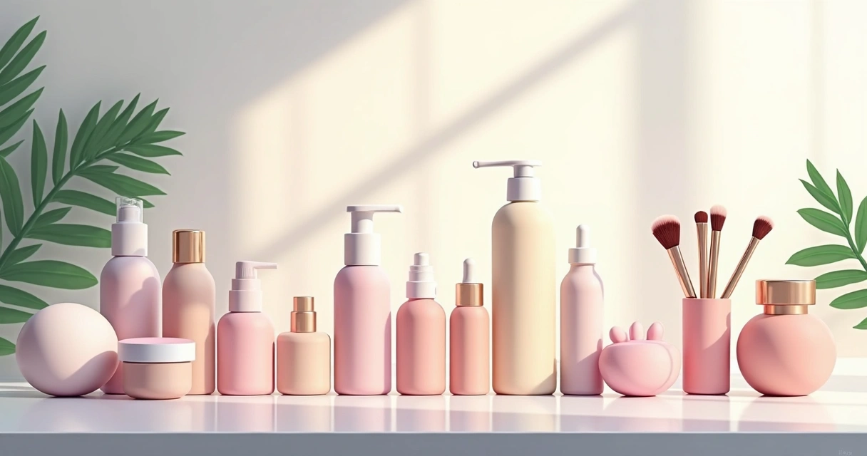 Diversos produtos de skincare e beleza organizados em uma mesa, incluindo cremes, séruns e pincéis 