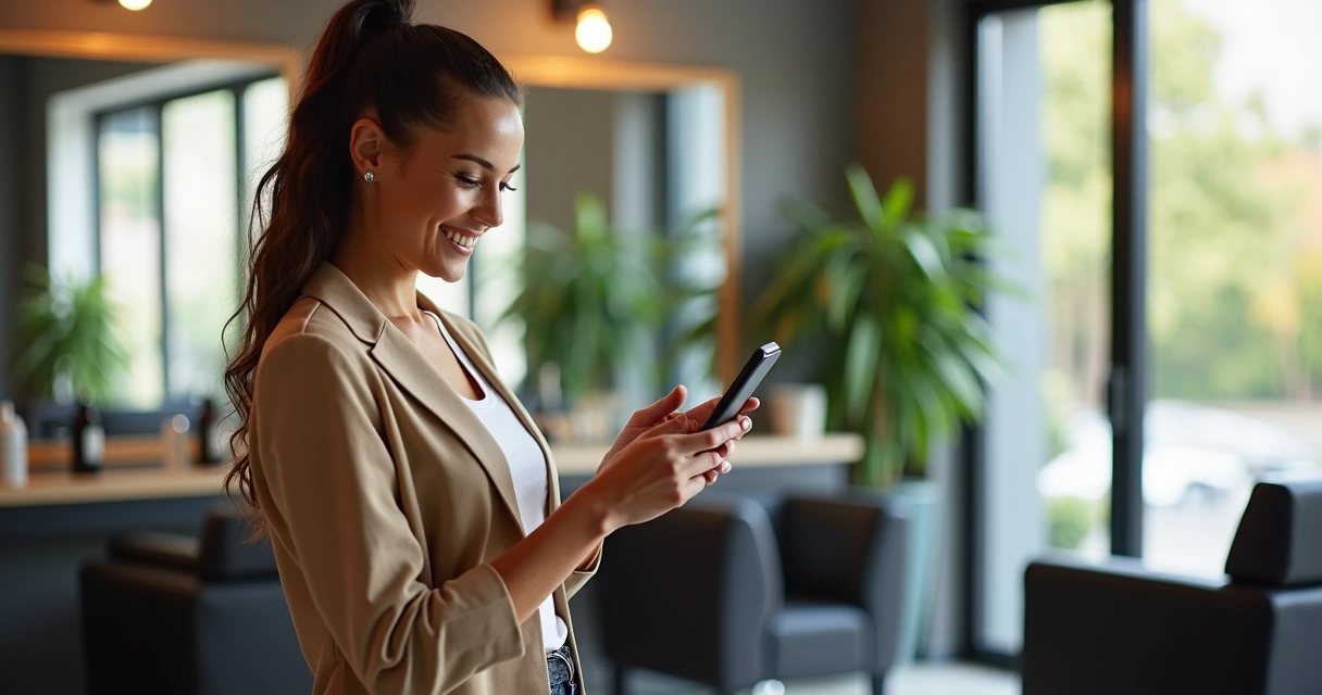 Profissional de beleza usando celular para pagar DAS 