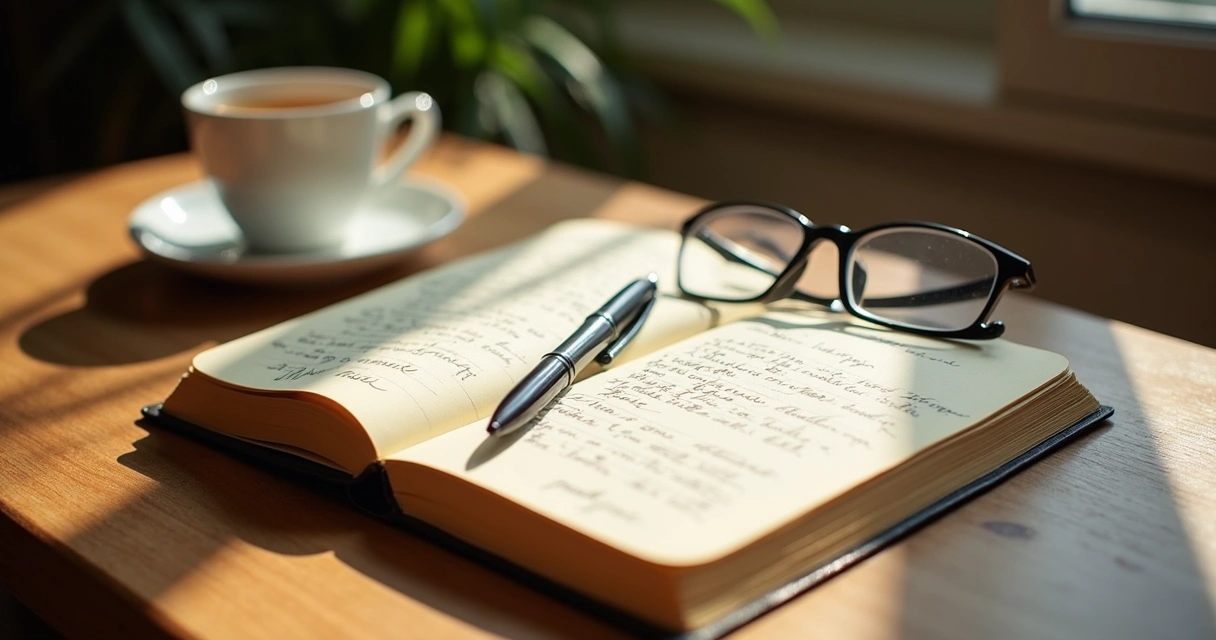Open journal on a wooden table with notes and a pen, surrounded by glasses 