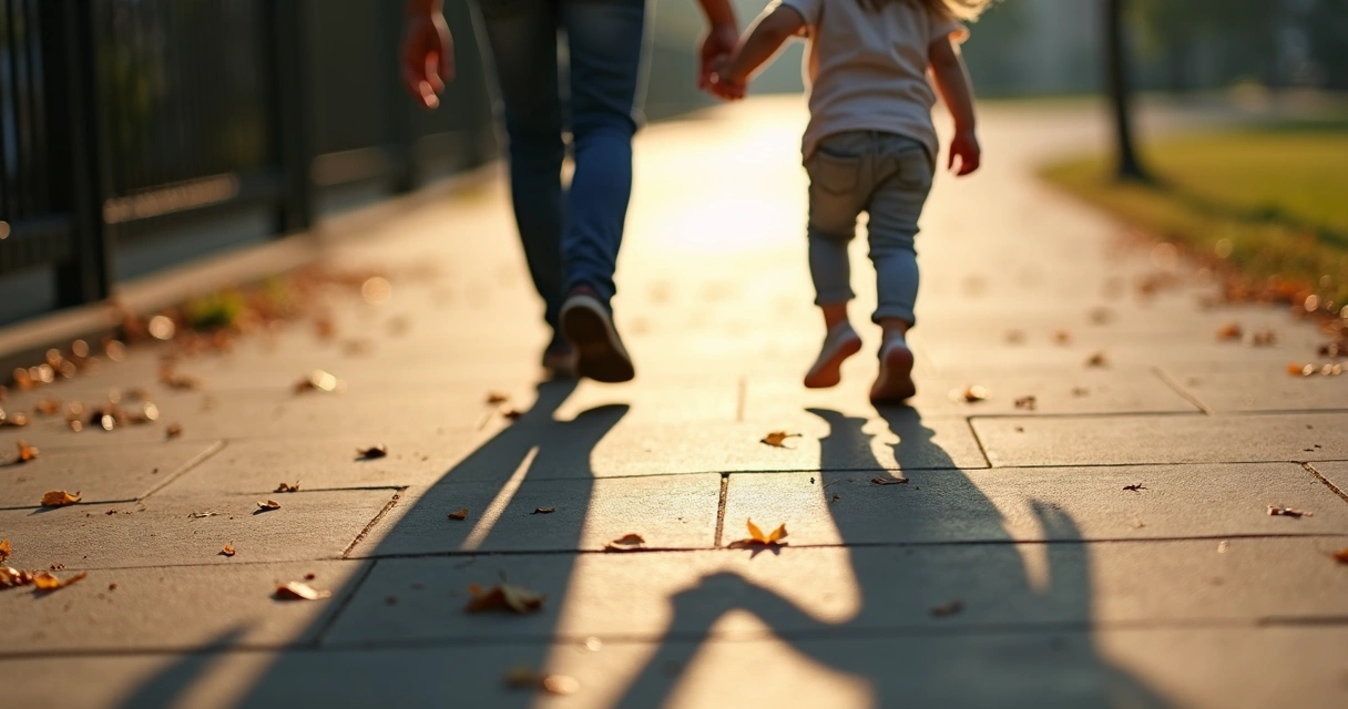 Child and adult shadows holding hands on pavement 