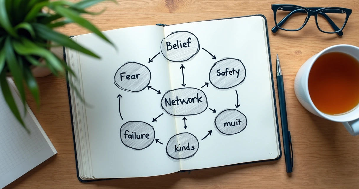 Notebook with belief map, arrows, and reflective questions on a desk 