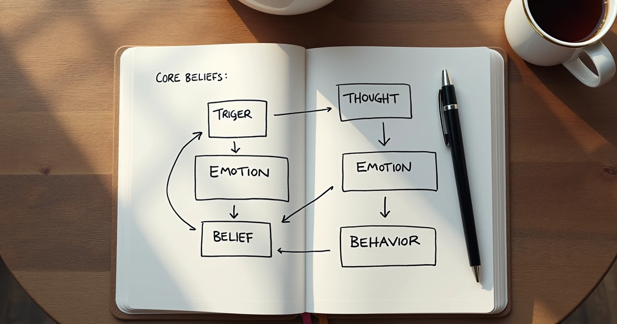 Notebook with a core beliefs map diagram and pen 