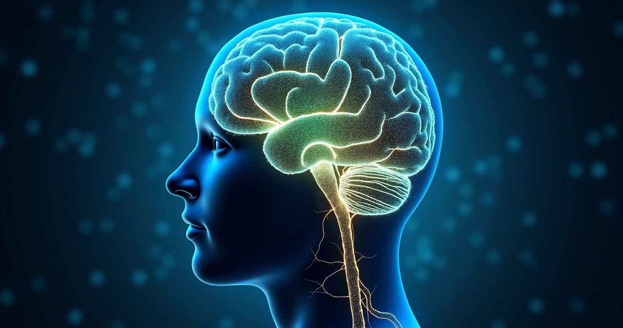 Abstract drawing of a brain with highlighted pathways and patterns in various colors 